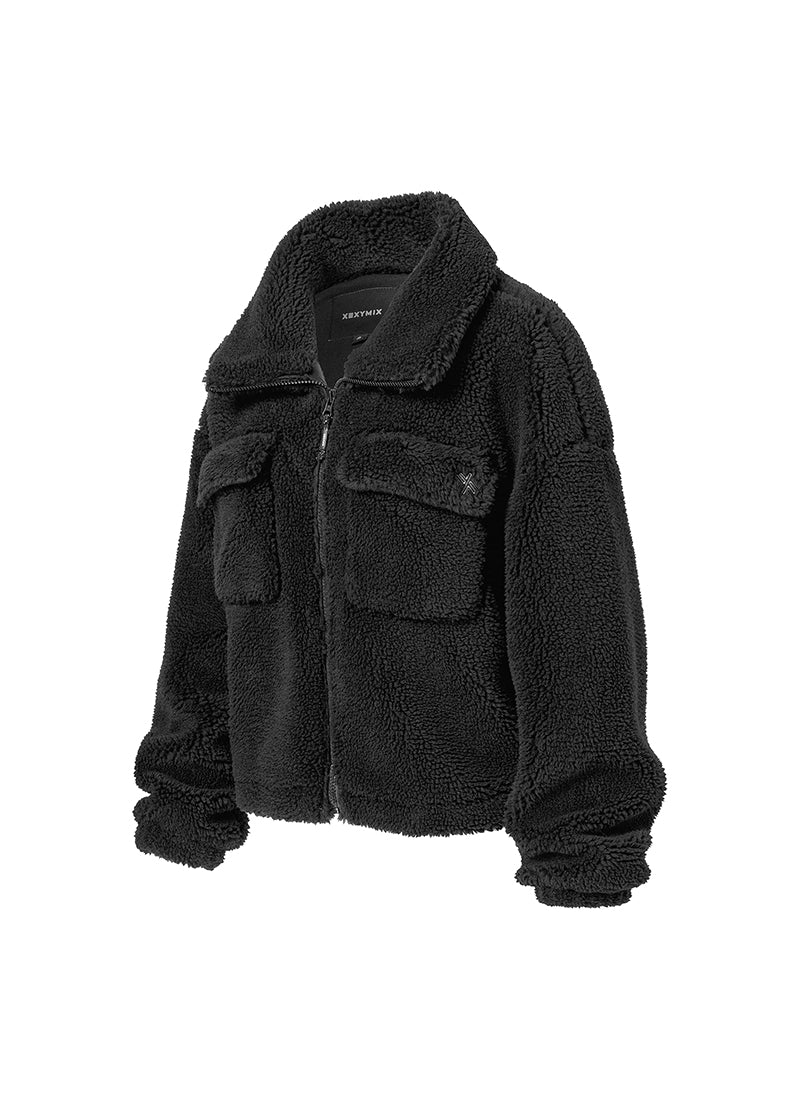 Sherpa High Neck Out Pocket Jacket - Black