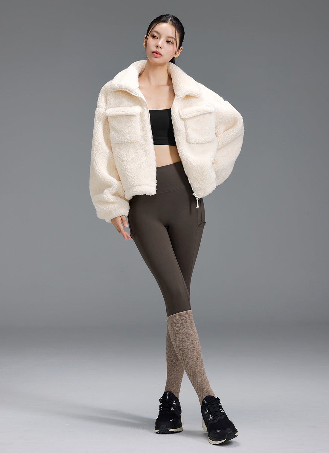 Sherpa High Neck Out Pocket Jacket - Fog Cream