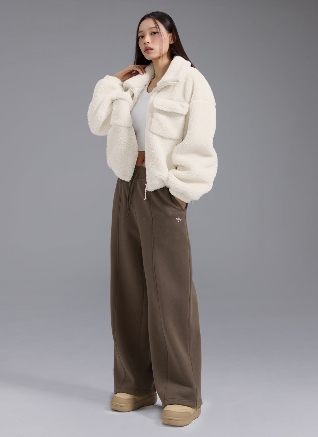 Sherpa High Neck Out Pocket Jacket - Fog Cream
