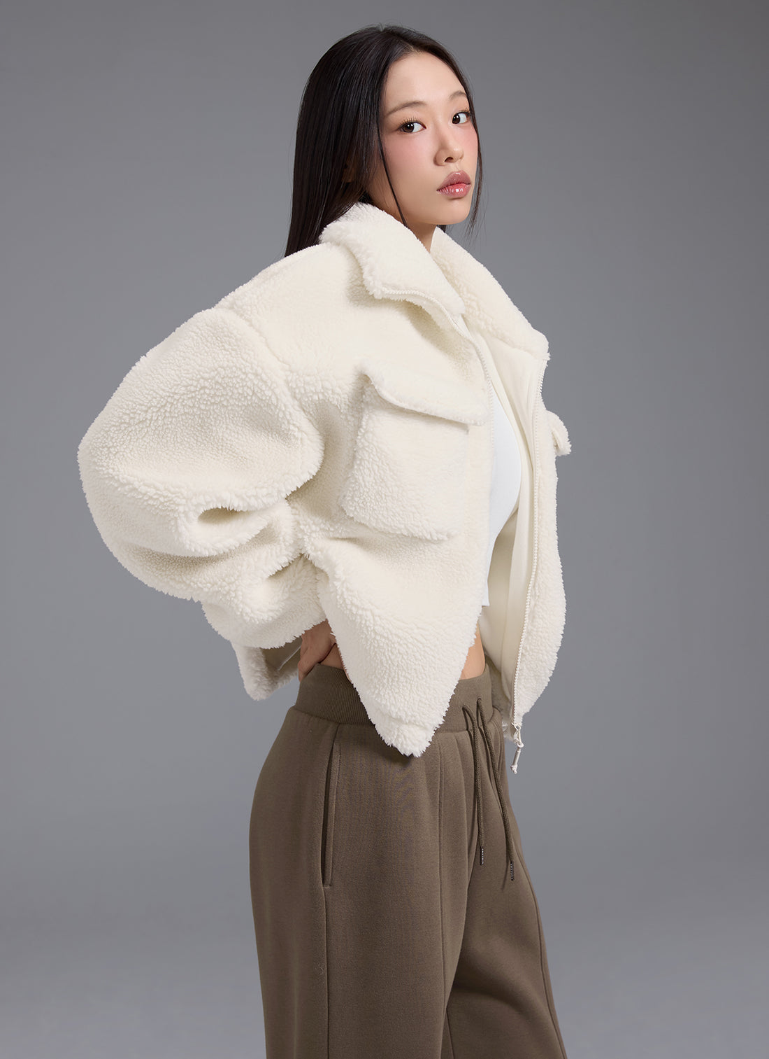 Sherpa High Neck Out Pocket Jacket - Fog Cream
