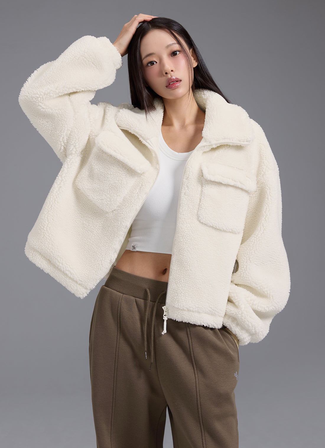 Sherpa High Neck Out Pocket Jacket - Fog Cream