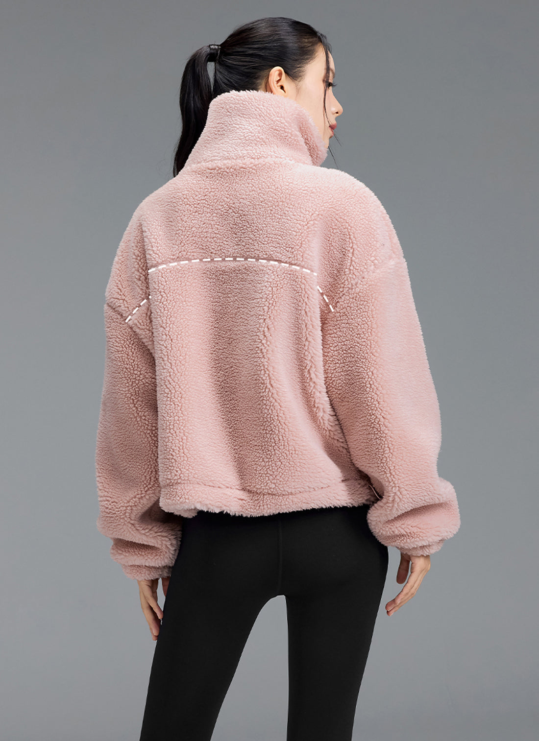 Sherpa High Neck Out Pocket Jacket - Pink Blurring