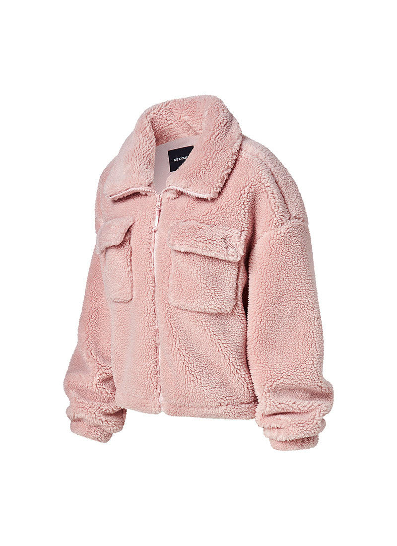 Sherpa High Neck Out Pocket Jacket - Pink Blurring