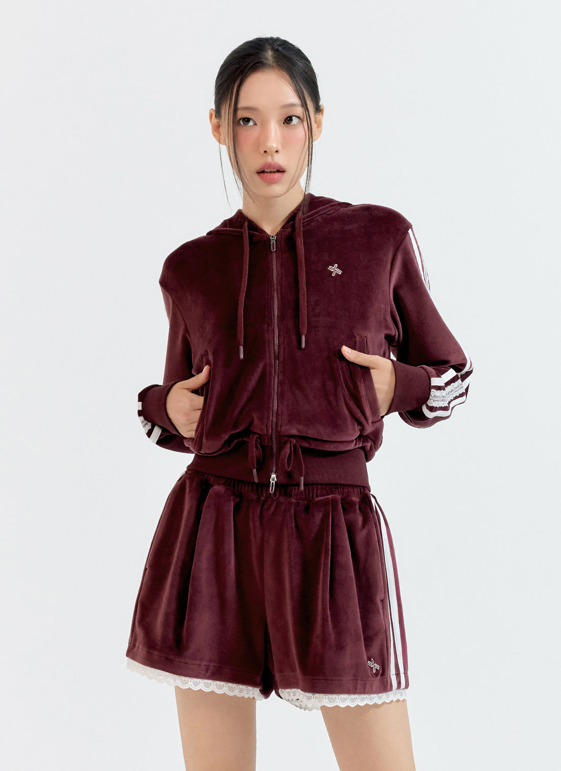 Velour Laceline Hood Zip up - Deep Burgundy