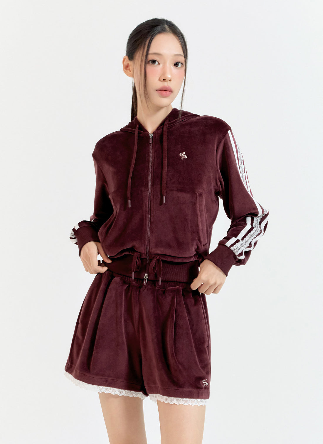 Velour Laceline Hood Zip up - Deep Burgundy