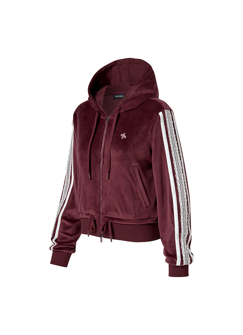 Velour Laceline Hood Zip up - Deep Burgundy