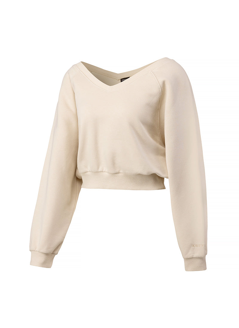 Softly Napping V-neck Crop Sweat Shirts - Lust Beige