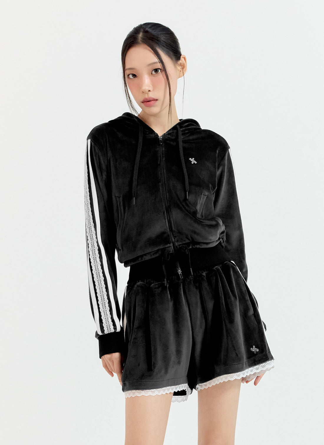 Velour Laceline Hood Zip up - Black