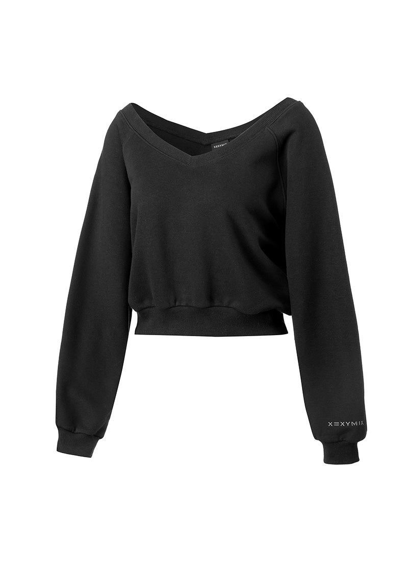 Softly Napping V-neck Crop Sweat Shirts - Black