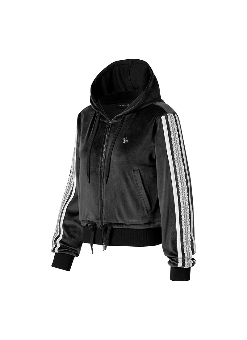 Velour Laceline Hood Zip up - Black