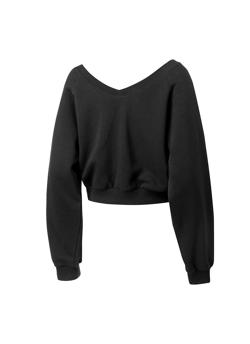 Softly Napping V-neck Crop Sweat Shirts - Black