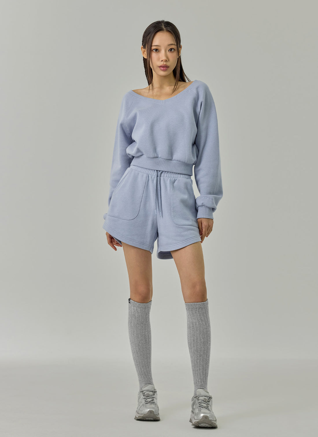 Softly Napping V-neck Crop Sweat Shirts - Dear Blue