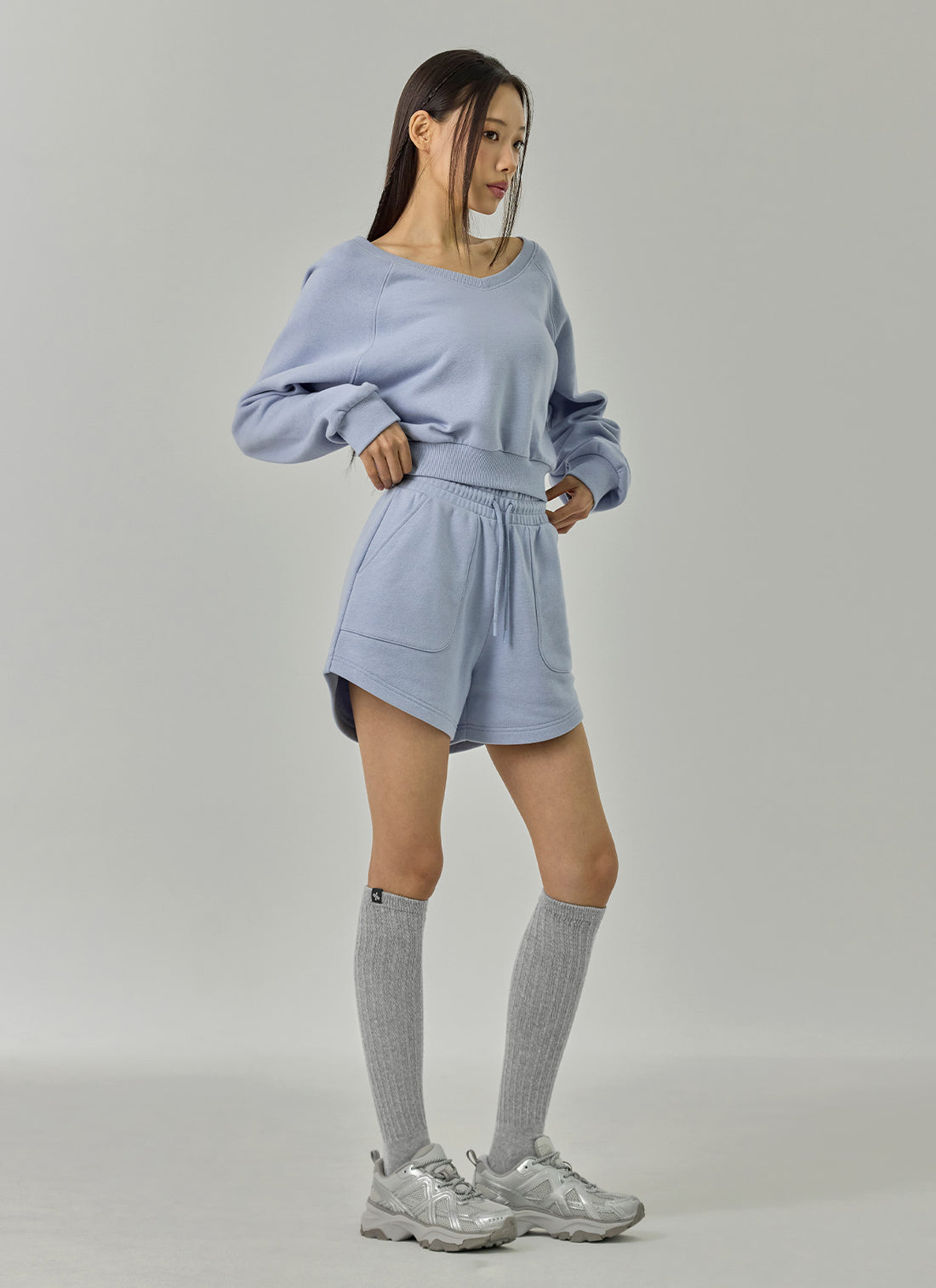 Softly Napping V-neck Crop Sweat Shirts - Dear Blue