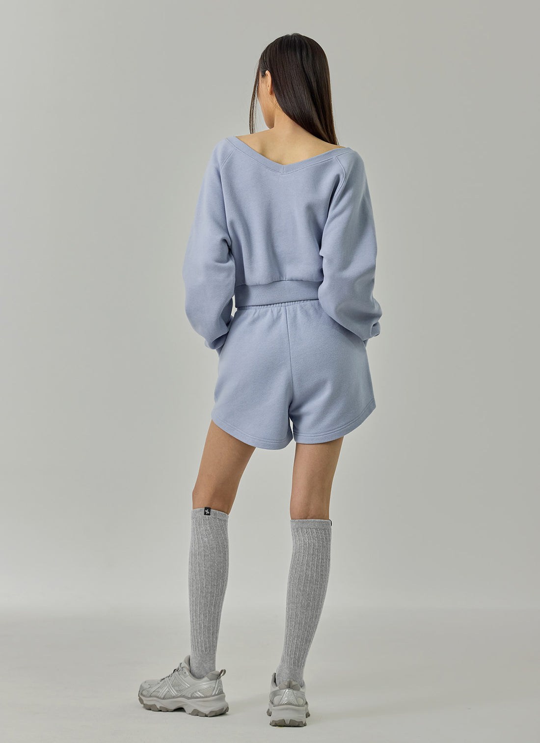 Softly Napping V-neck Crop Sweat Shirts - Dear Blue
