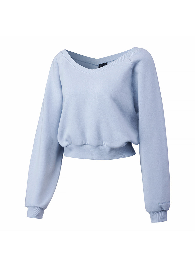 Softly Napping V-neck Crop Sweat Shirts - Dear Blue