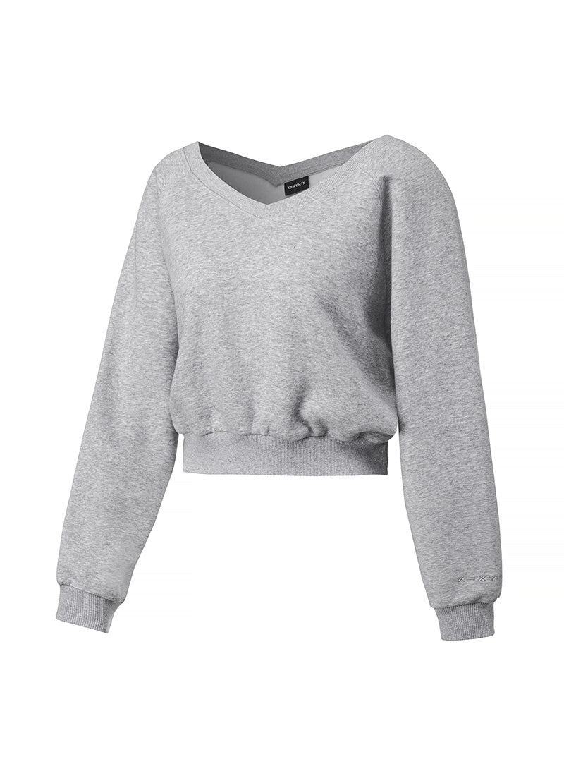 Softly Napping V-neck Crop Sweat Shirts - Melange Gray