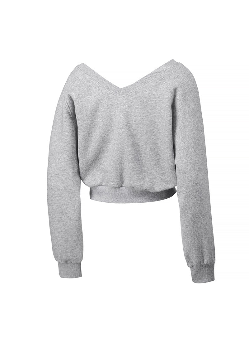 Softly Napping V-neck Crop Sweat Shirts - Melange Gray