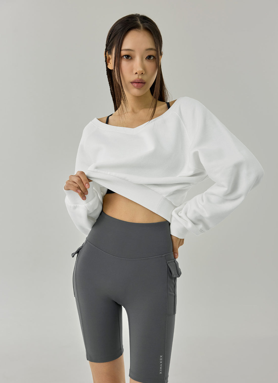 Softly Napping V-neck Crop Sweat Shirts - White Ivory