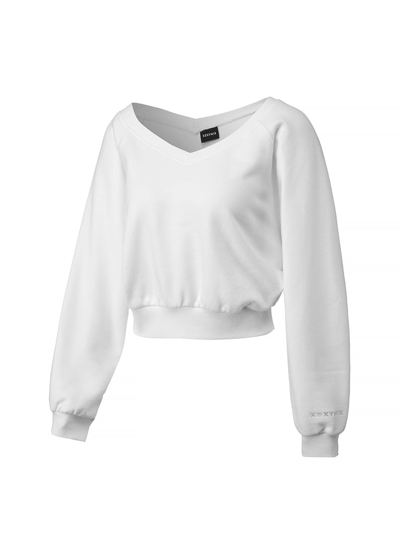 Softly Napping V-neck Crop Sweat Shirts - White Ivory