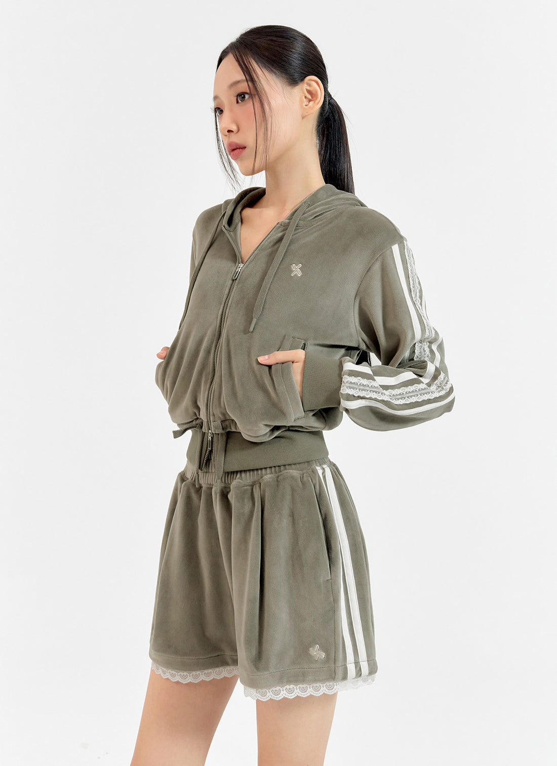 Velour Laceline Hood Zip up - Garden Khaki