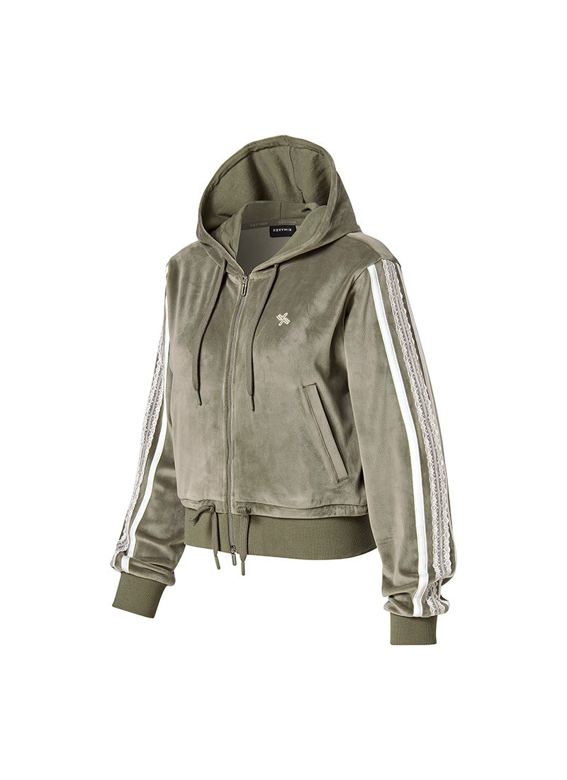 Velour Laceline Hood Zip up - Garden Khaki