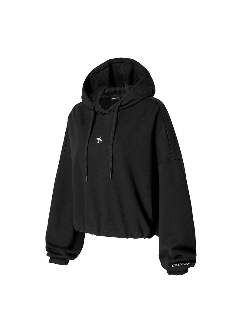 Fine Cotton Loose Fit Cropped Hoodie - Black