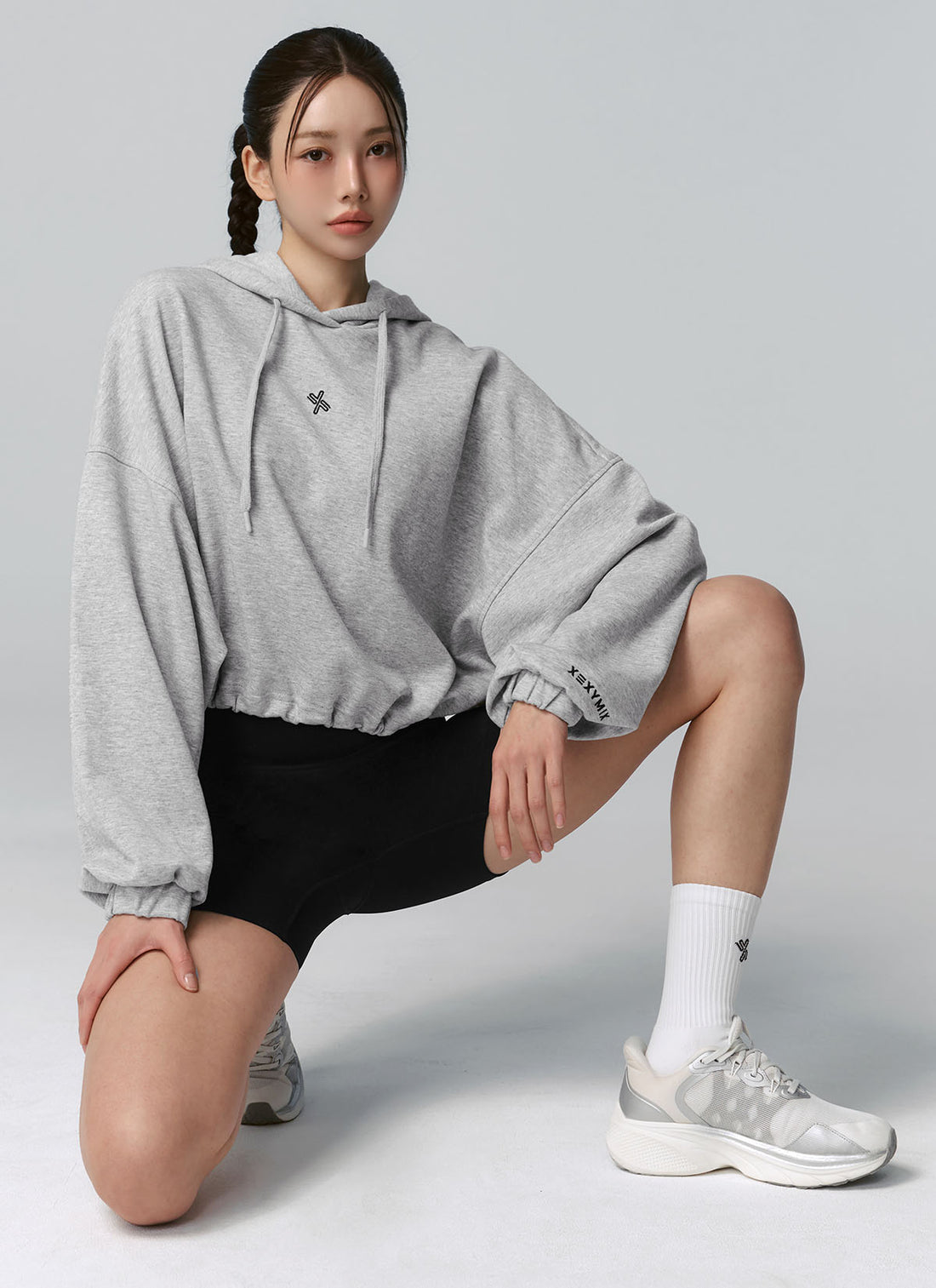 Fine Cotton Loose Fit Cropped Hoodie - Melange Gray