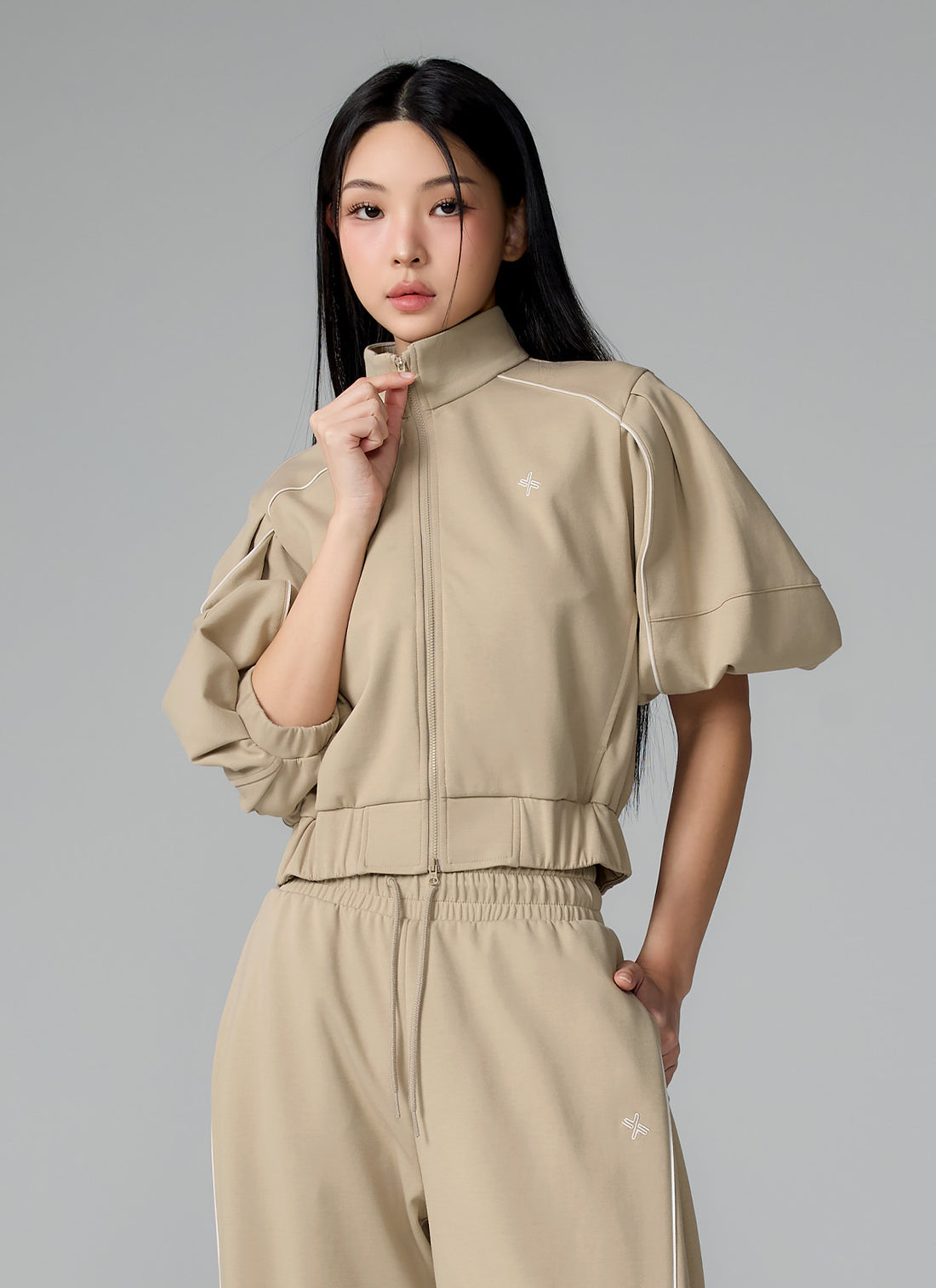 Piping High Neck Zip-up Jacket - Oat Beige