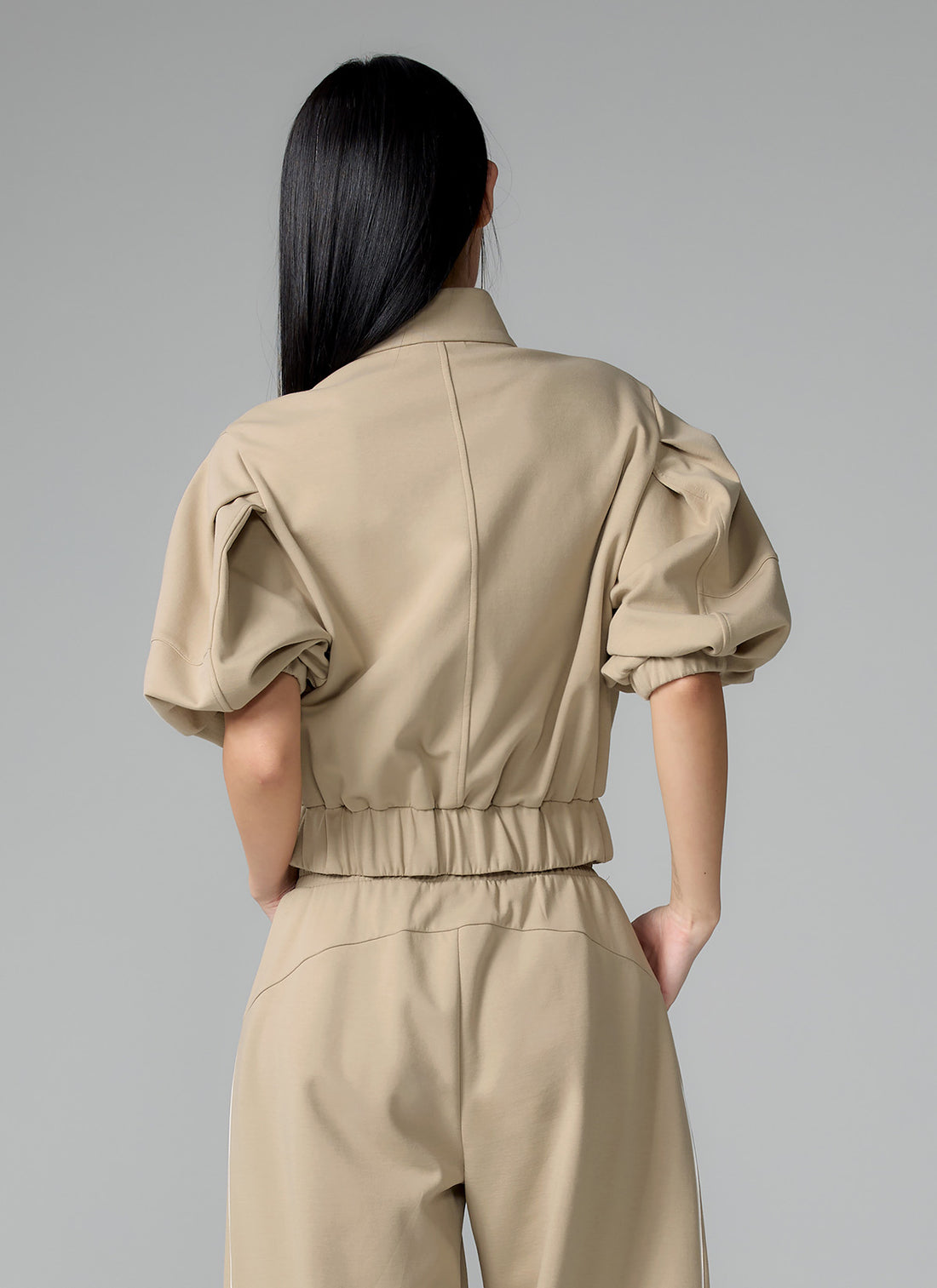 Piping High Neck Zip-up Jacket - Oat Beige