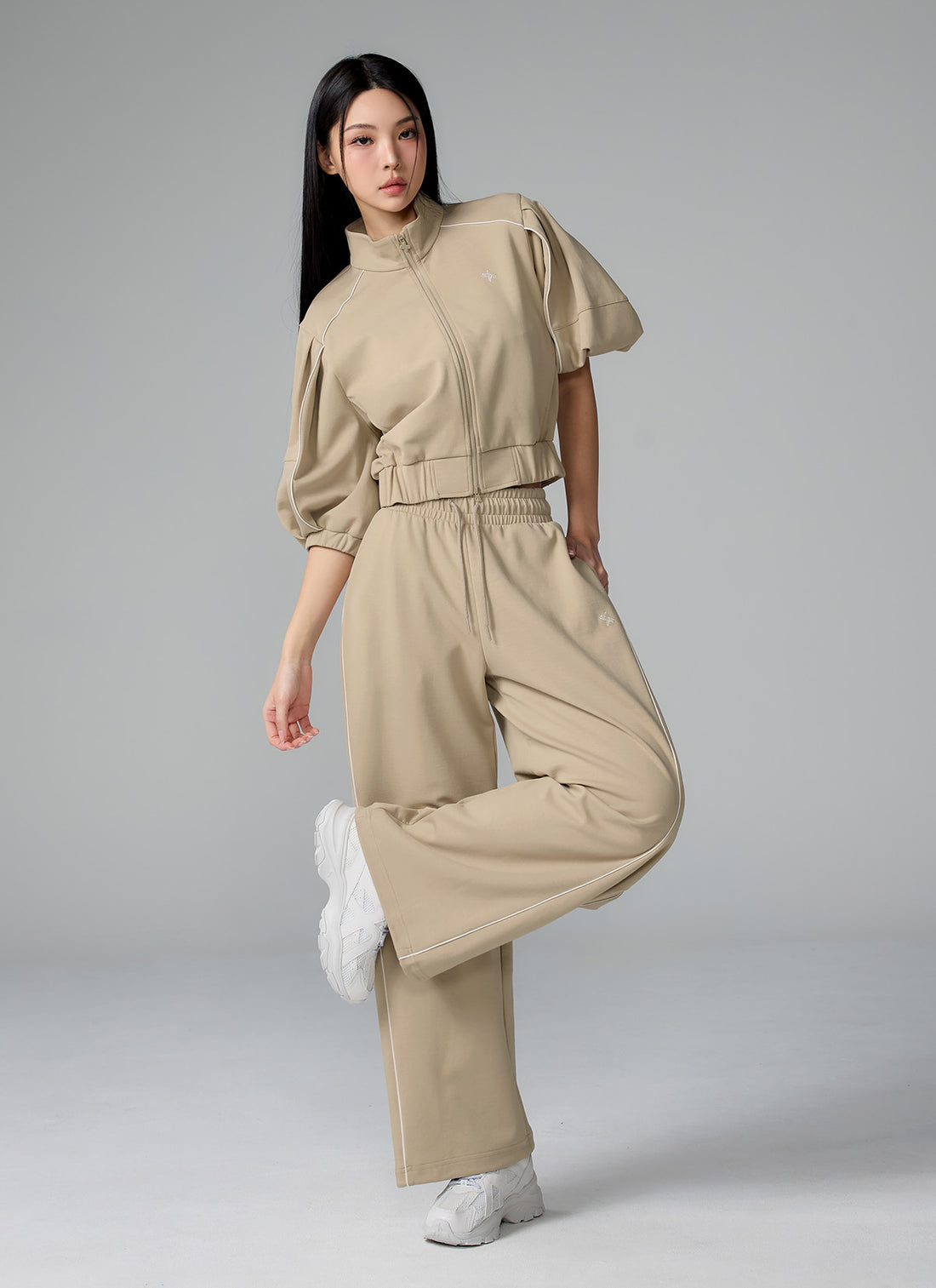 Piping High Neck Zip-up Jacket - Oat Beige