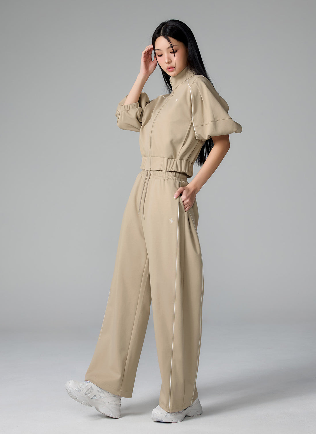 Piping High Neck Zip-up Jacket - Oat Beige