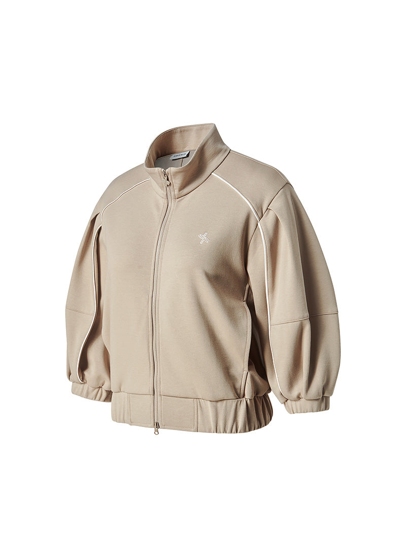 Piping High Neck Zip-up Jacket - Oat Beige