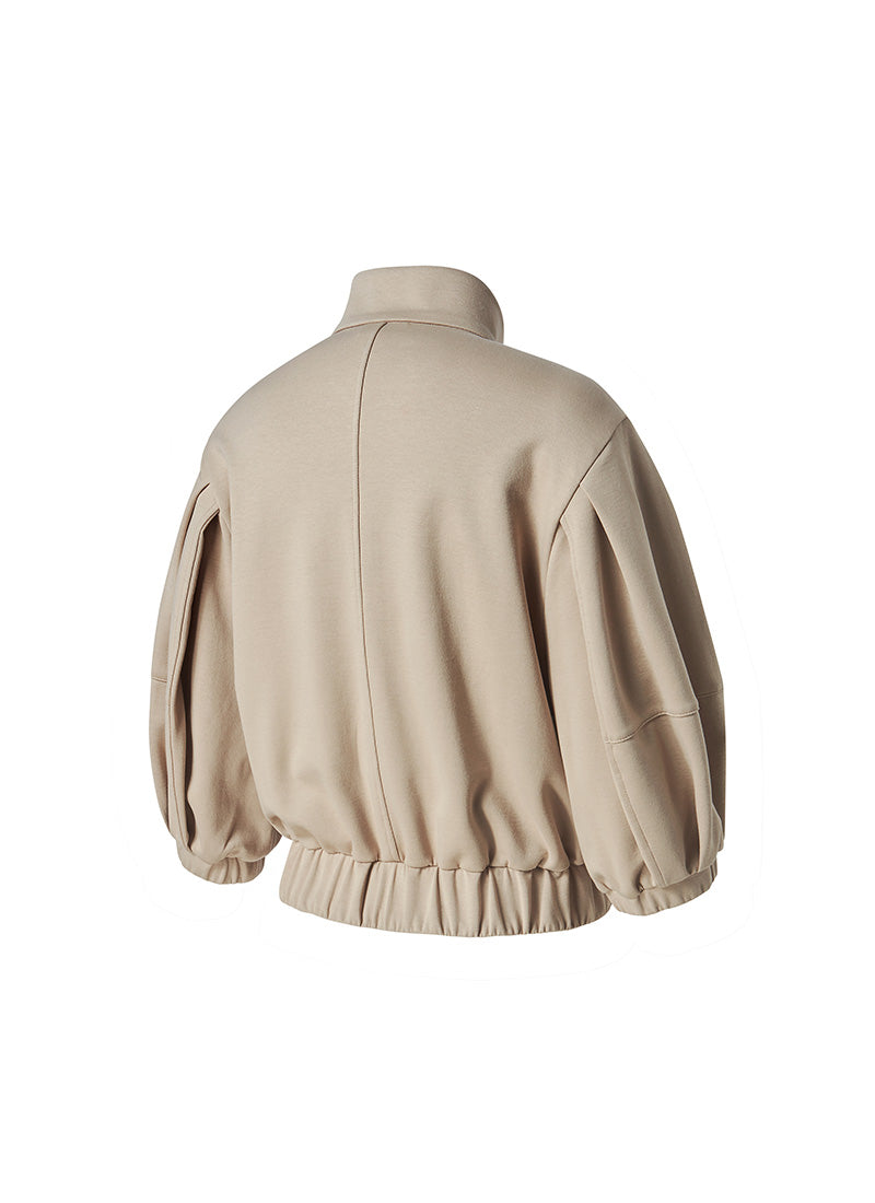 Piping High Neck Zip-up Jacket - Oat Beige