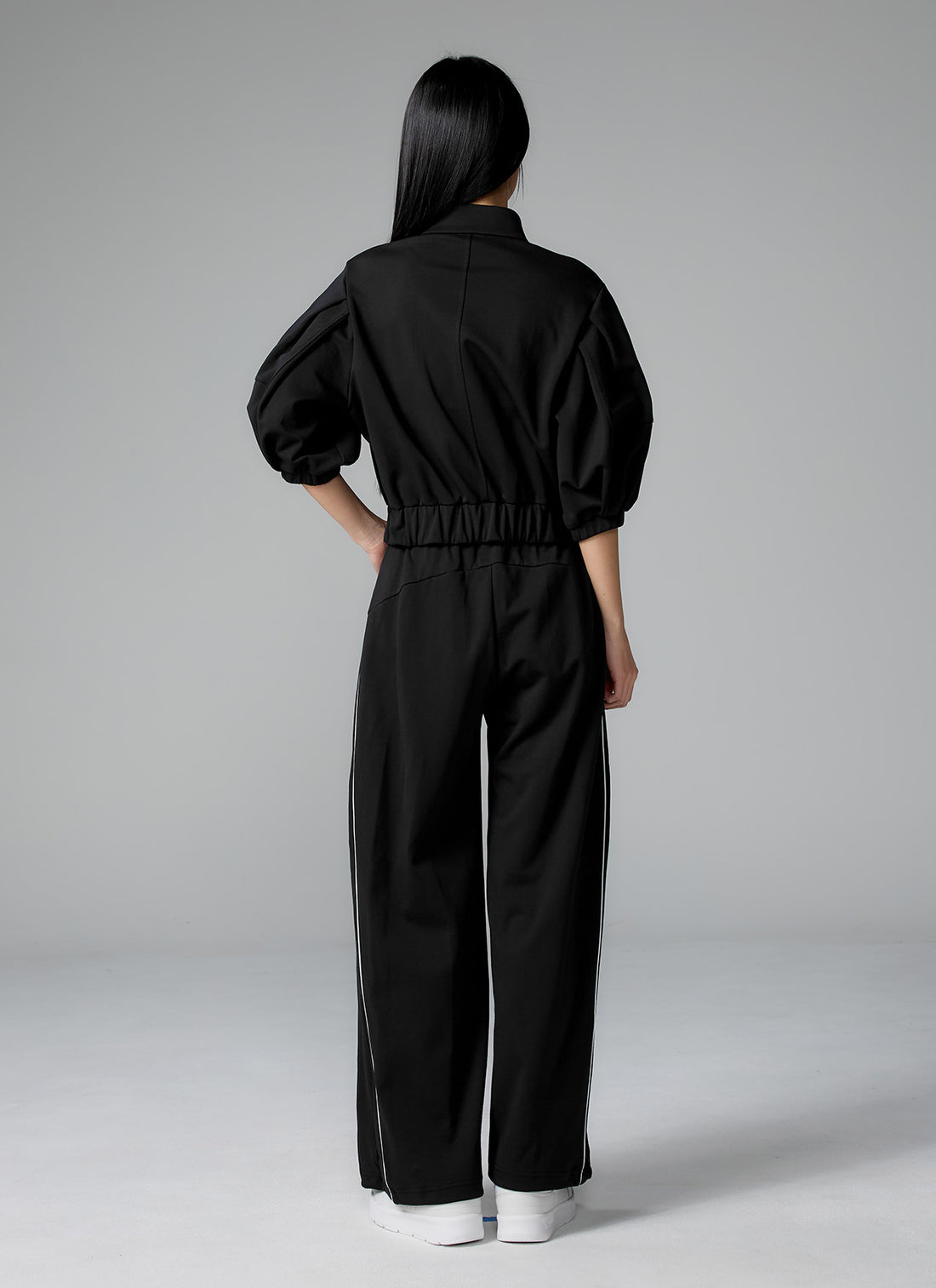 Piping High Neck Zip-up Jacket - Black