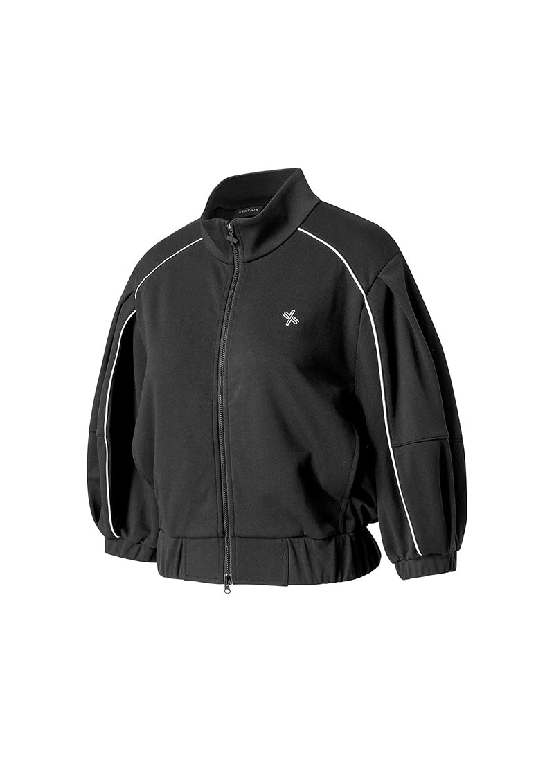 Piping High Neck Zip-up Jacket - Black