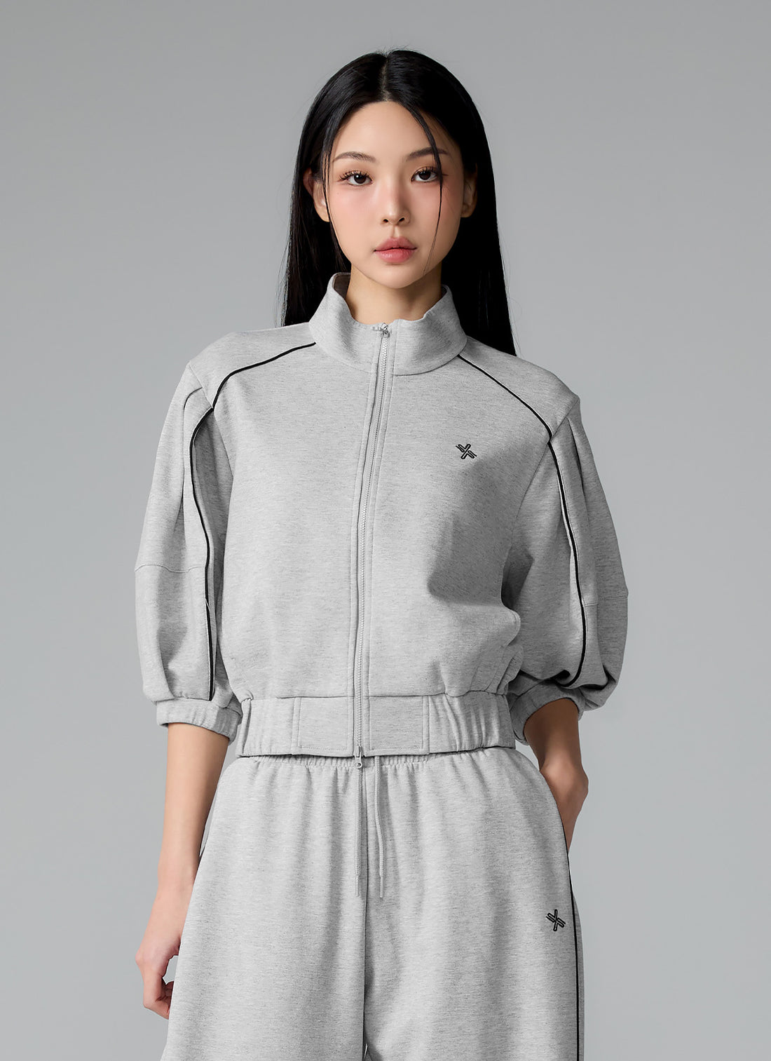 Piping High Neck Zip-up Jacket - Melange Gray