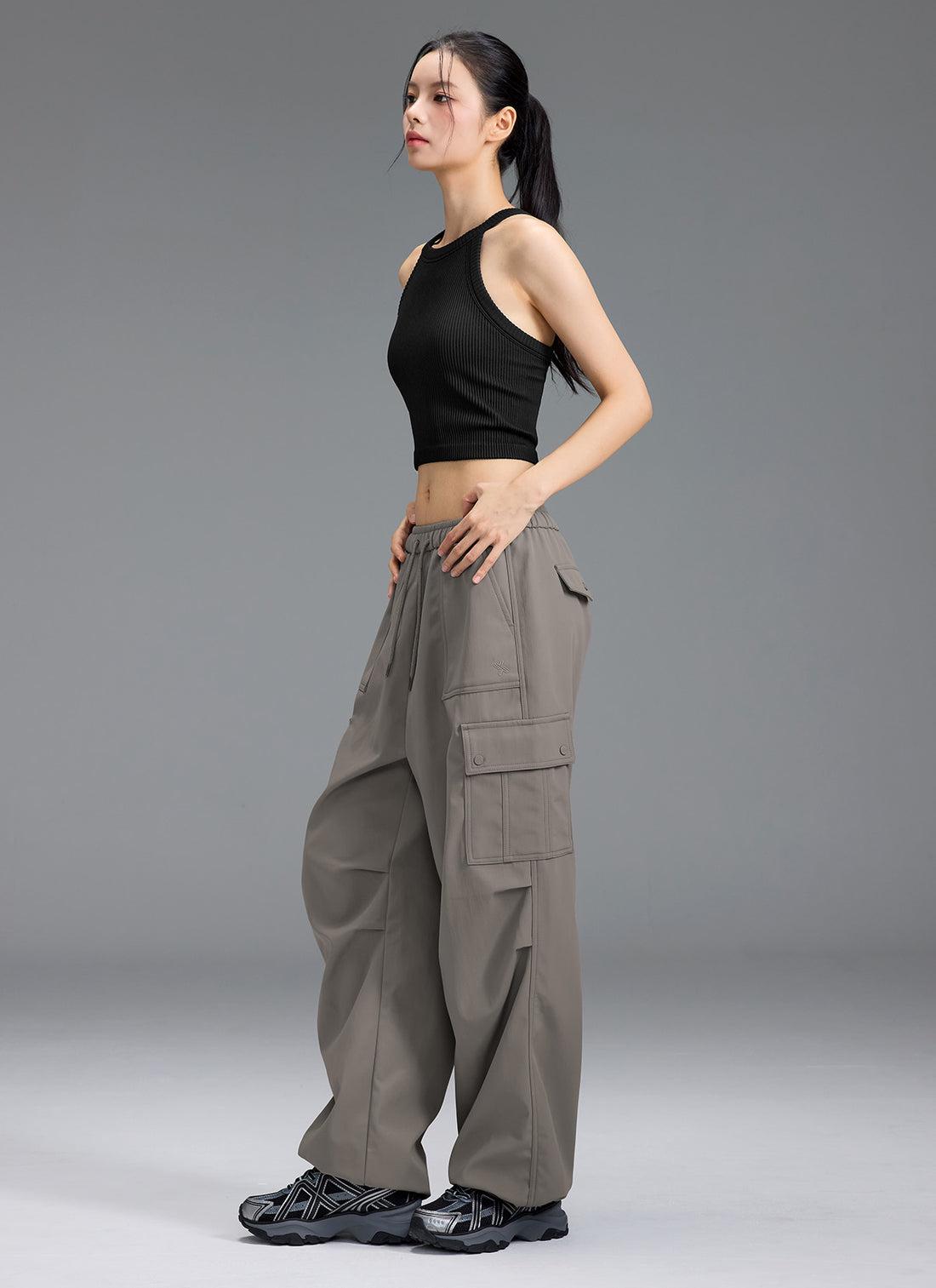 Warm Woven Cargo Wide Pants - Grey Brick
