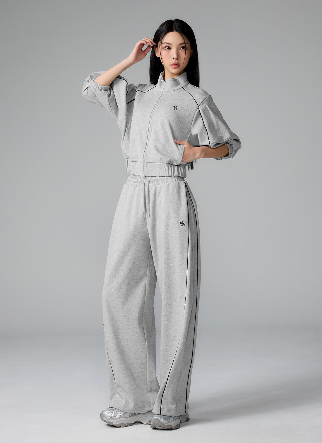 Piping High Neck Zip-up Jacket - Melange Gray