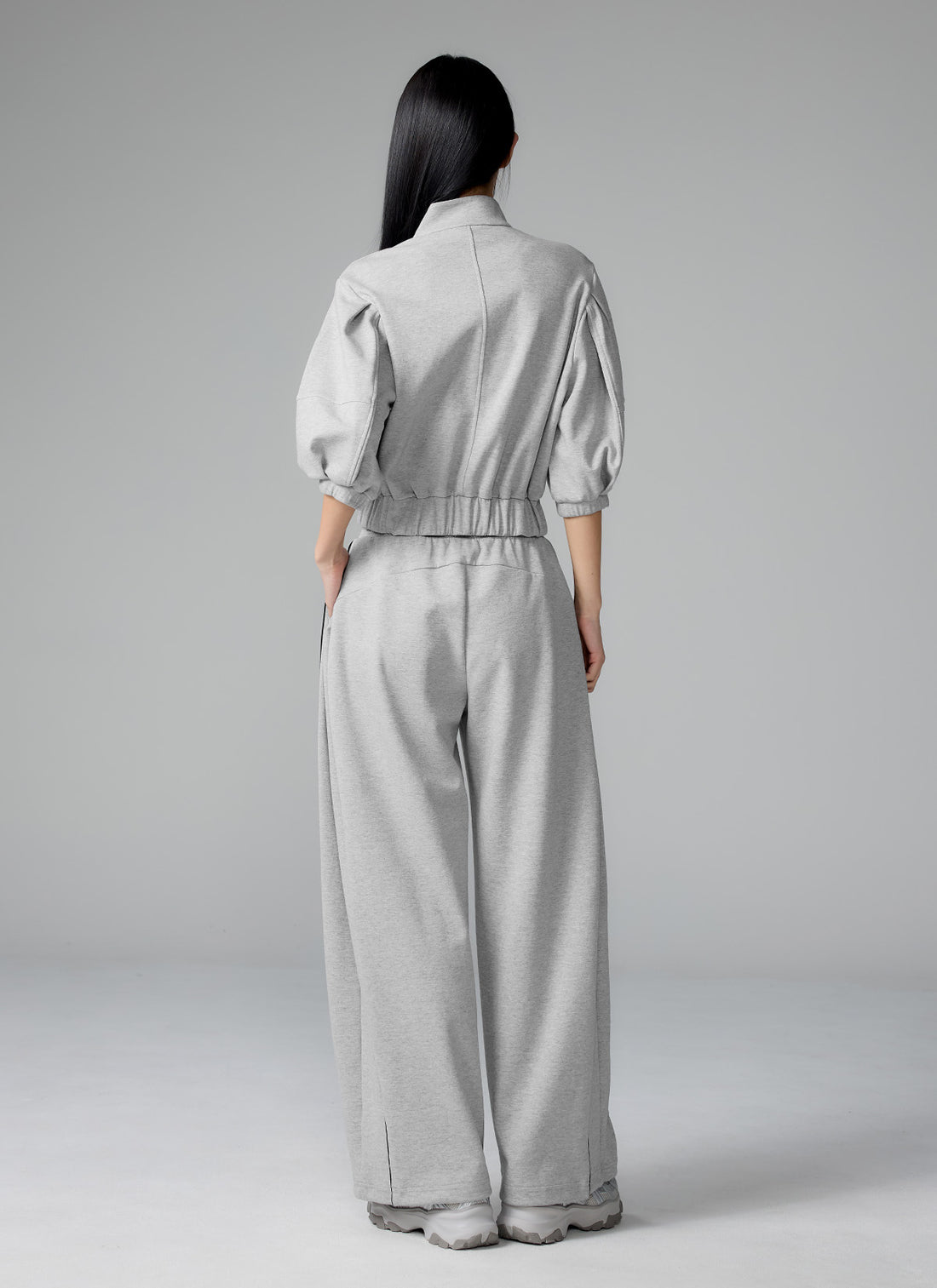 Piping High Neck Zip-up Jacket - Melange Gray