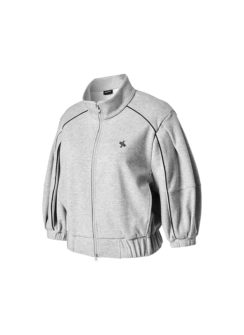 Piping High Neck Zip-up Jacket - Melange Gray