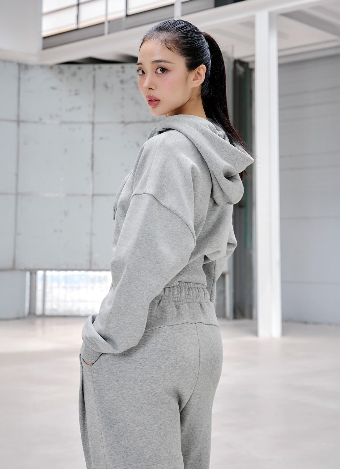 Softly One-Slit Crop Hoodie - Melange Gray