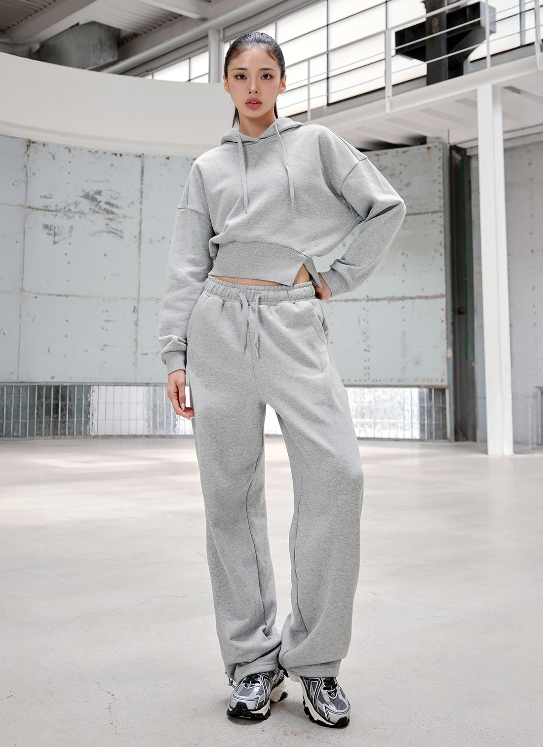 Softly One-Slit Crop Hoodie - Melange Gray
