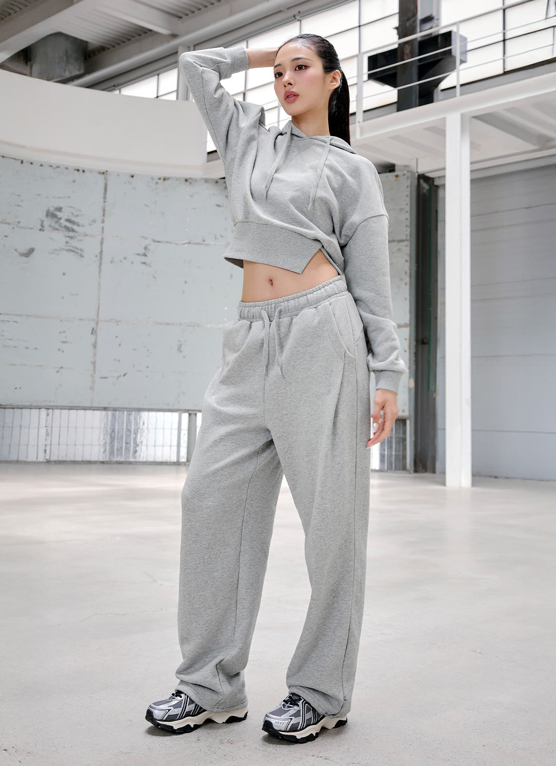 Softly One-Slit Crop Hoodie - Melange Gray