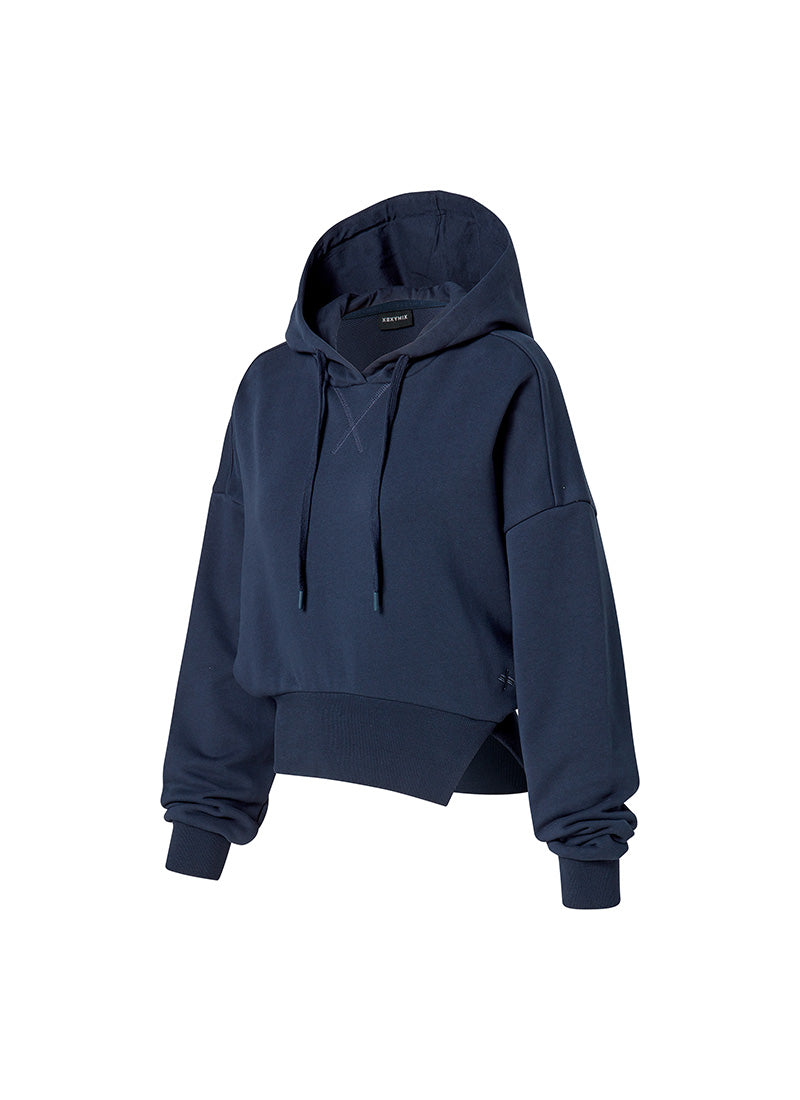Softly One-Slit Crop Hoodie - Bermuda Navy