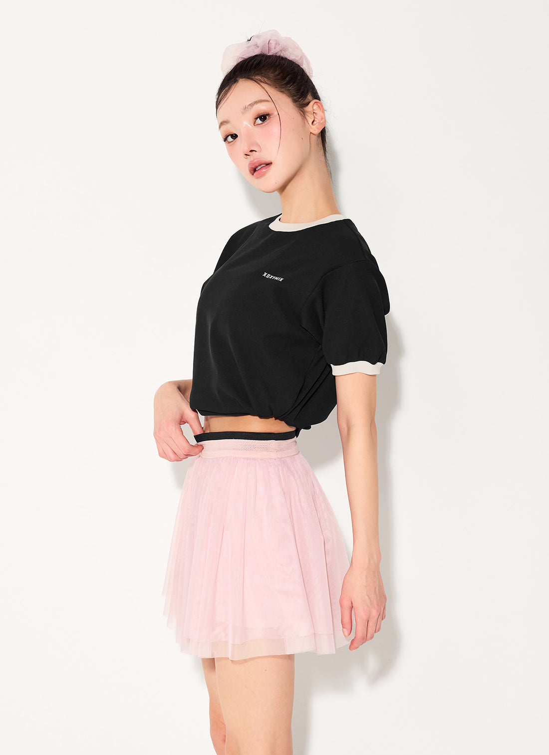 Color Combination Piping String Short Sleeve - Black