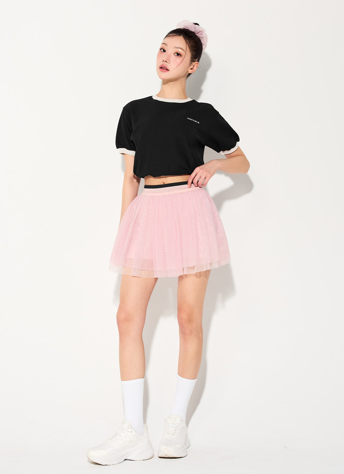 Color Combination Piping String Short Sleeve - Black