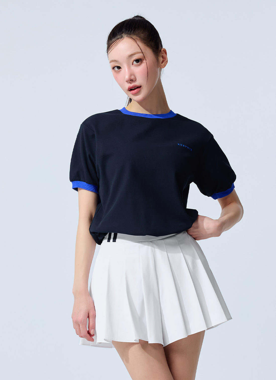 Color Combination Piping String Short Sleeve - Ice Navy