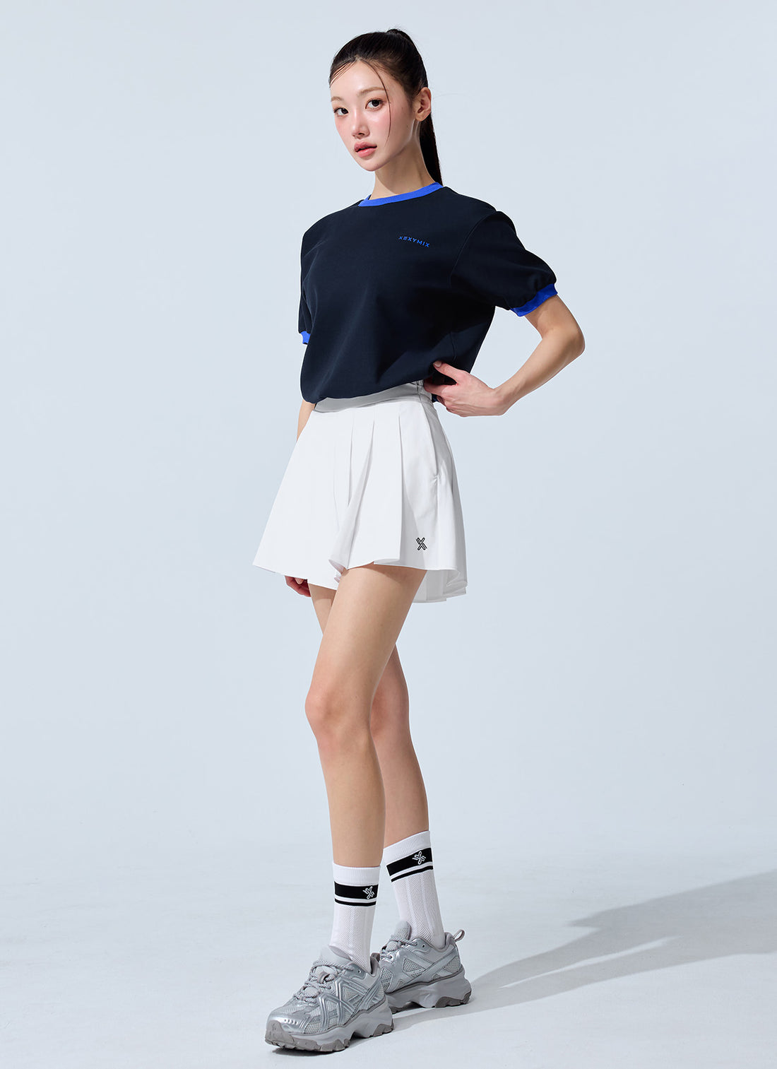 Color Combination Piping String Short Sleeve - Ice Navy