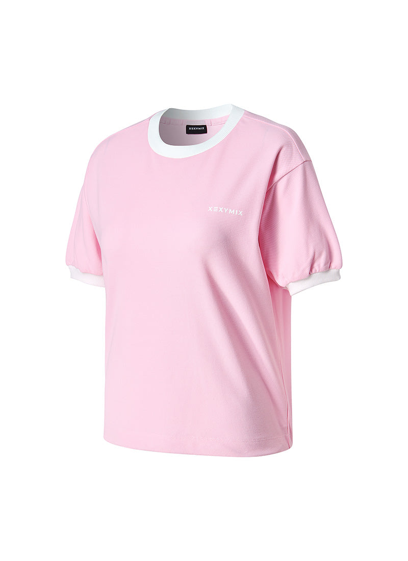 Color Combination Piping String Short Sleeve - Lovey Pink