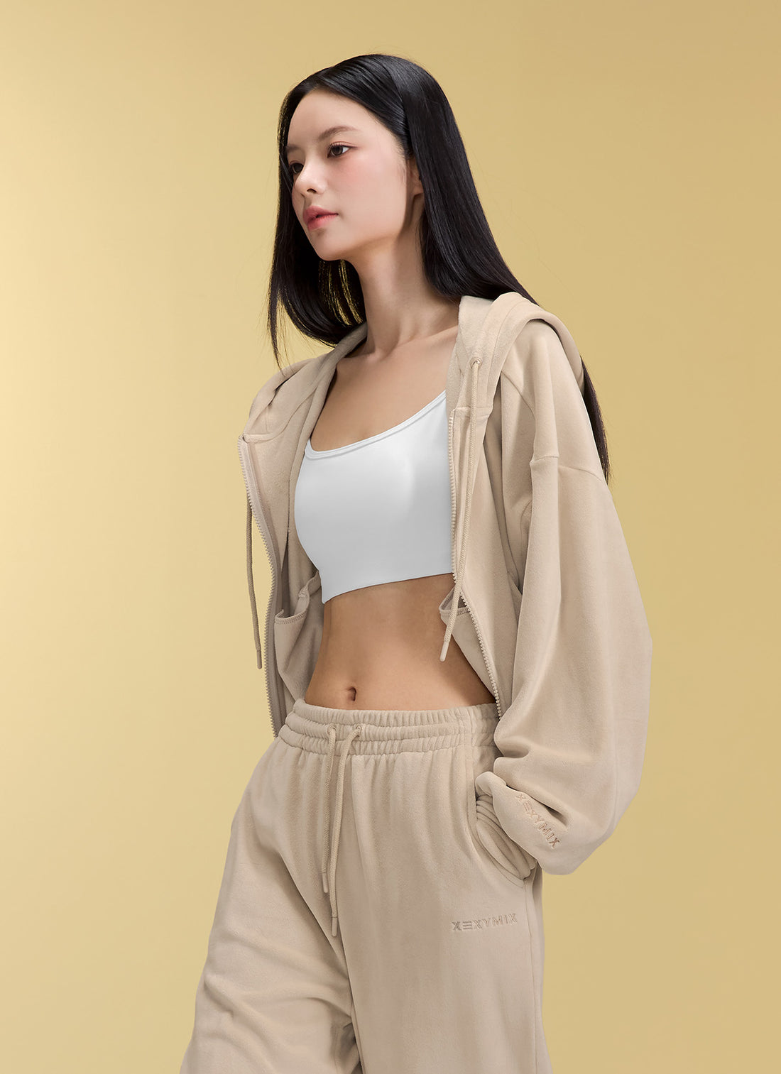 Velour Warm Hood Zip-up - Bake Beige